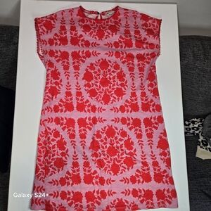 Boden Pink Dress with Bright Red Floral Print